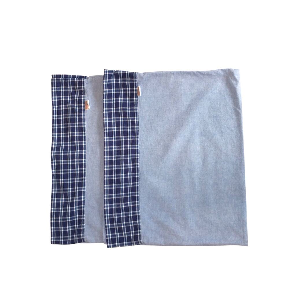 Ralph Lauren (2) Blue Chambray Plaid Pillow Cases Standard Size Made In USA
